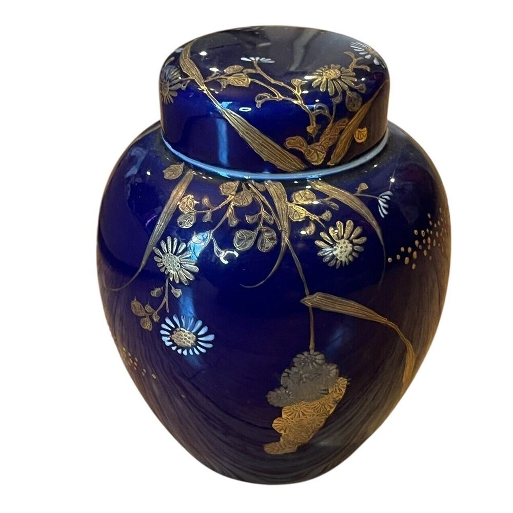 Porcelain Ginger Jar Cobalt Blue with Flowers & Gold Paint 5.5” Tall